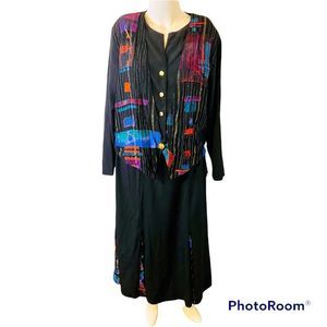 Vintage 80s CM shapes multi color abstract print 2 piece skirt top set